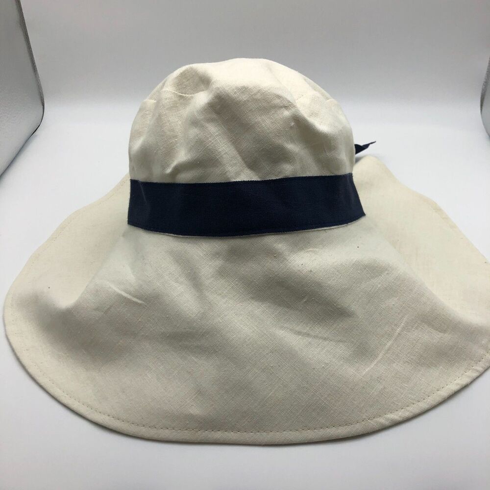 J Peterman Company Sun Hat Womens White/Crem Blue Ribbon Floppy Beach Cruise - Picture 2 of 7